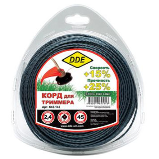 DDE Корд триммерный в блистере DDE Steel rod line (крест витой армированный) 2,4 мм х 44 м, голубой/ DDE Корд триммерный в блистере DDE Steel rod line (крест витой армированный) 2,4 мм х 44 м, голубой/