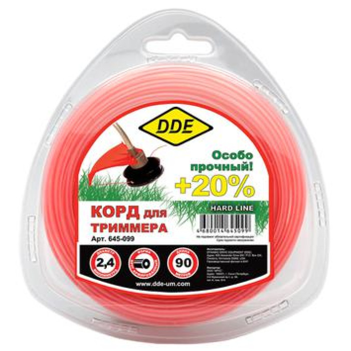 DDE Корд триммерный в блистере DDE Hard line (круг армированный) 2,4 мм х 87 м, серый/красный (645-0