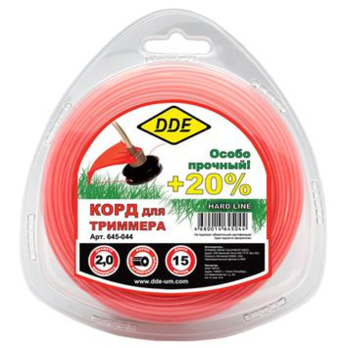 DDE Корд триммерный в блистере DDE Hard line (круг армированный) 2,0 мм х 15 м, серый/красный (645-0