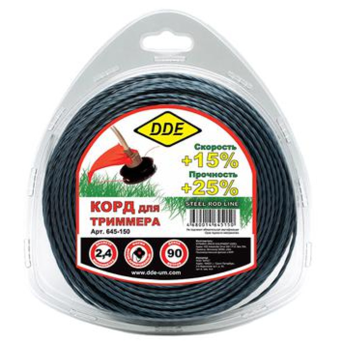 DDE Корд триммерный в блистере DDE Steel rod line (крест витой армированный) 2,4 мм х 87 м, голубой/