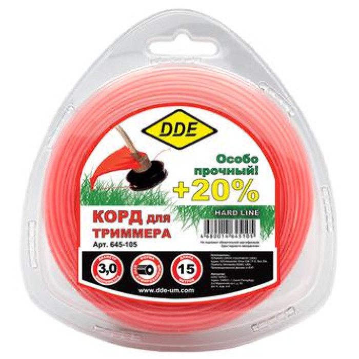 DDE Корд триммерный в блистере DDE Hard line (круг армированный) 3,0 мм х 15 м, серый/красный (645-1