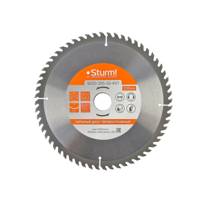 Sturm! 9020-255-32-60T Пильный диск, размер 255x32x60 зубьев С ПЕРЕХОД. КОЛЬЦОМ НА 30 мм Sturm!
