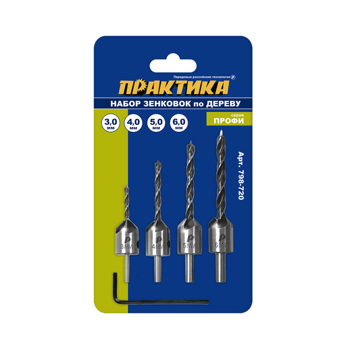ПРАКТИКА Набор зенковок по дереву ПРАКТИКА (4 шт), сверла 3, 4, 5, 6 мм (798-720)