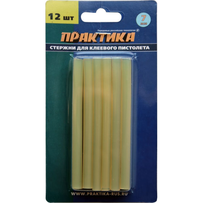 ПРАКТИКА Клей для клеевого пистолета ПРАКТИКА желтый, прозрачный,  7 х 100 мм, 12шт / блистер (641-6 — артикул 641-626