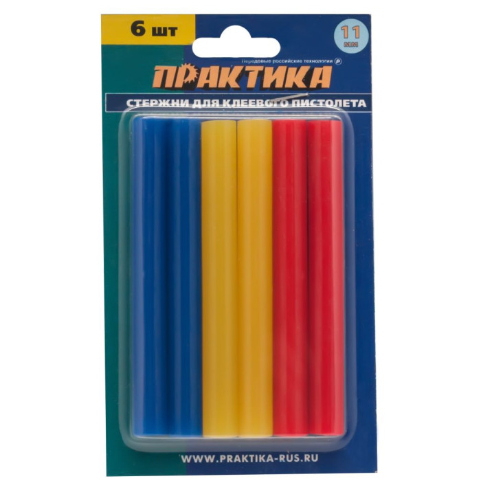 ПРАКТИКА Клей для клеевого пистолета ПРАКТИКА цветные, 3 цвета, 11 х 100 мм, 6шт / блистер (641-688)
