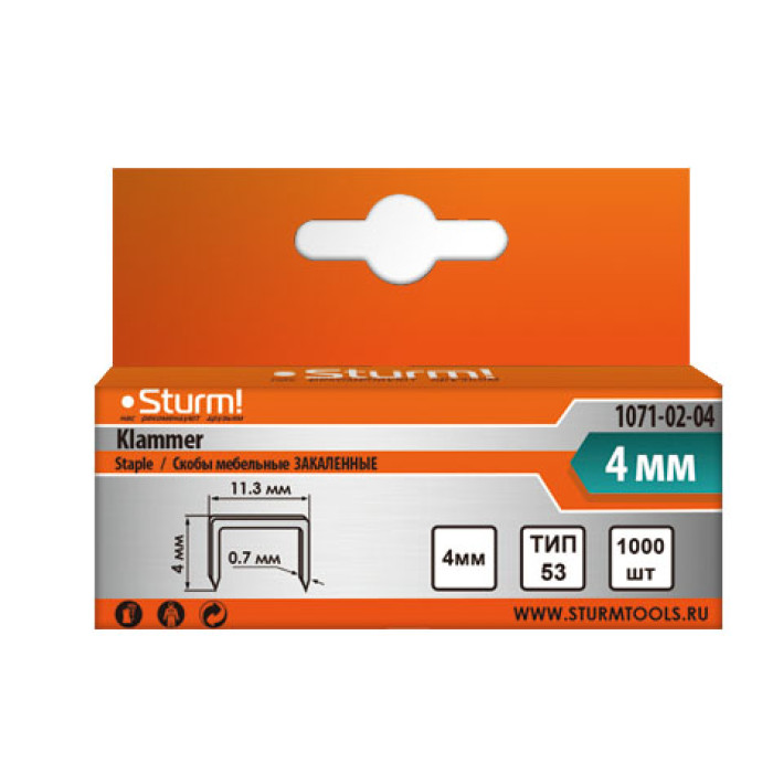 Sturm! 1071-02-04 Скобы для степлера 4мм (тип 53) в упак. 1000шт,оцинкованные,закаленные, Sturm!