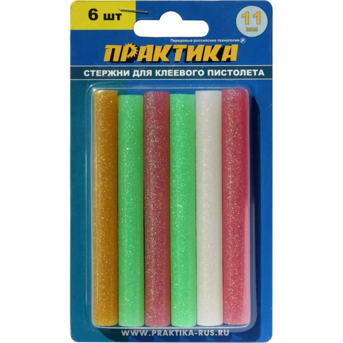 ПРАКТИКА Клей для клеевого пистолета ПРАКТИКА цветной, с блестками, 11 х 100 мм, 6шт / блистер (790- — артикул 790-229